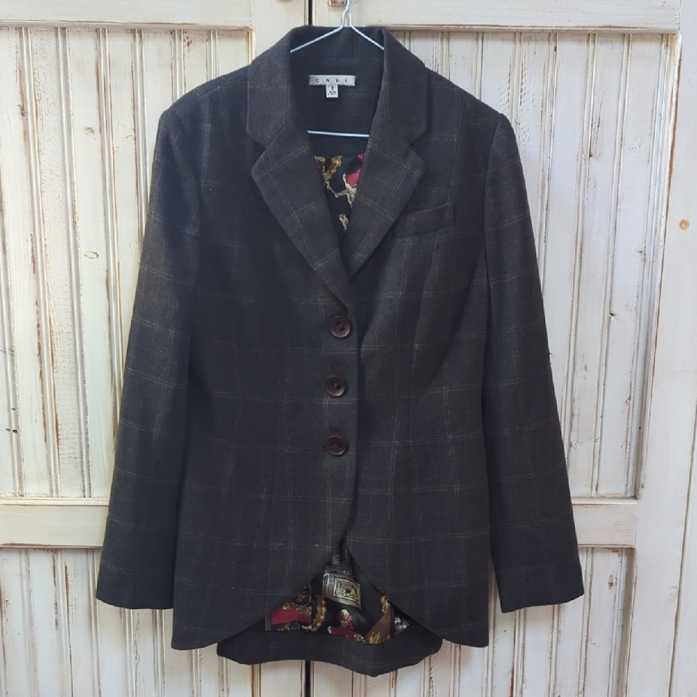 Equestrian/Riding Gray, Brown Windowpane Wool Blend Blazer. CAbi. Sz 6